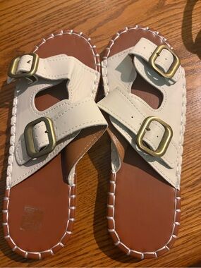 White Double-Buckle Leather Slide Sandals 38